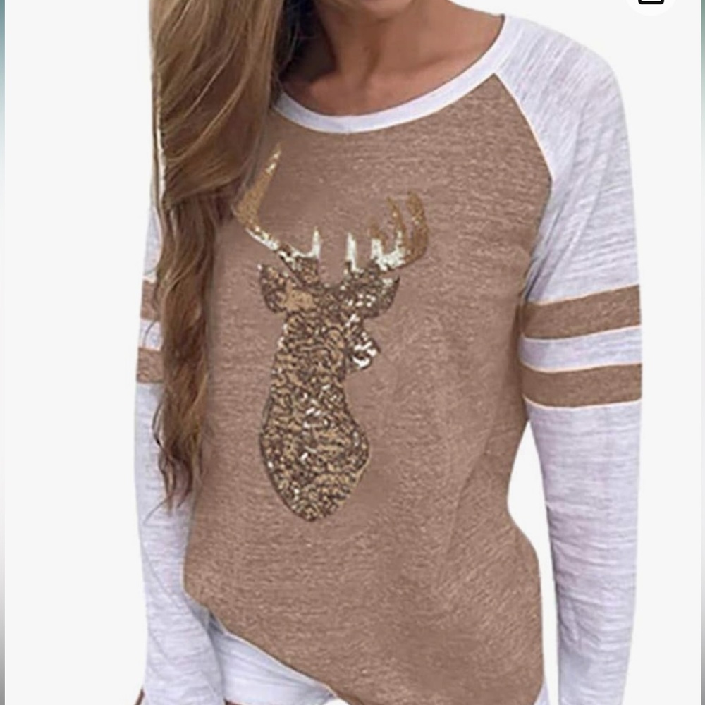 Brown and White with gold sequin Deer Graphic Women's Top